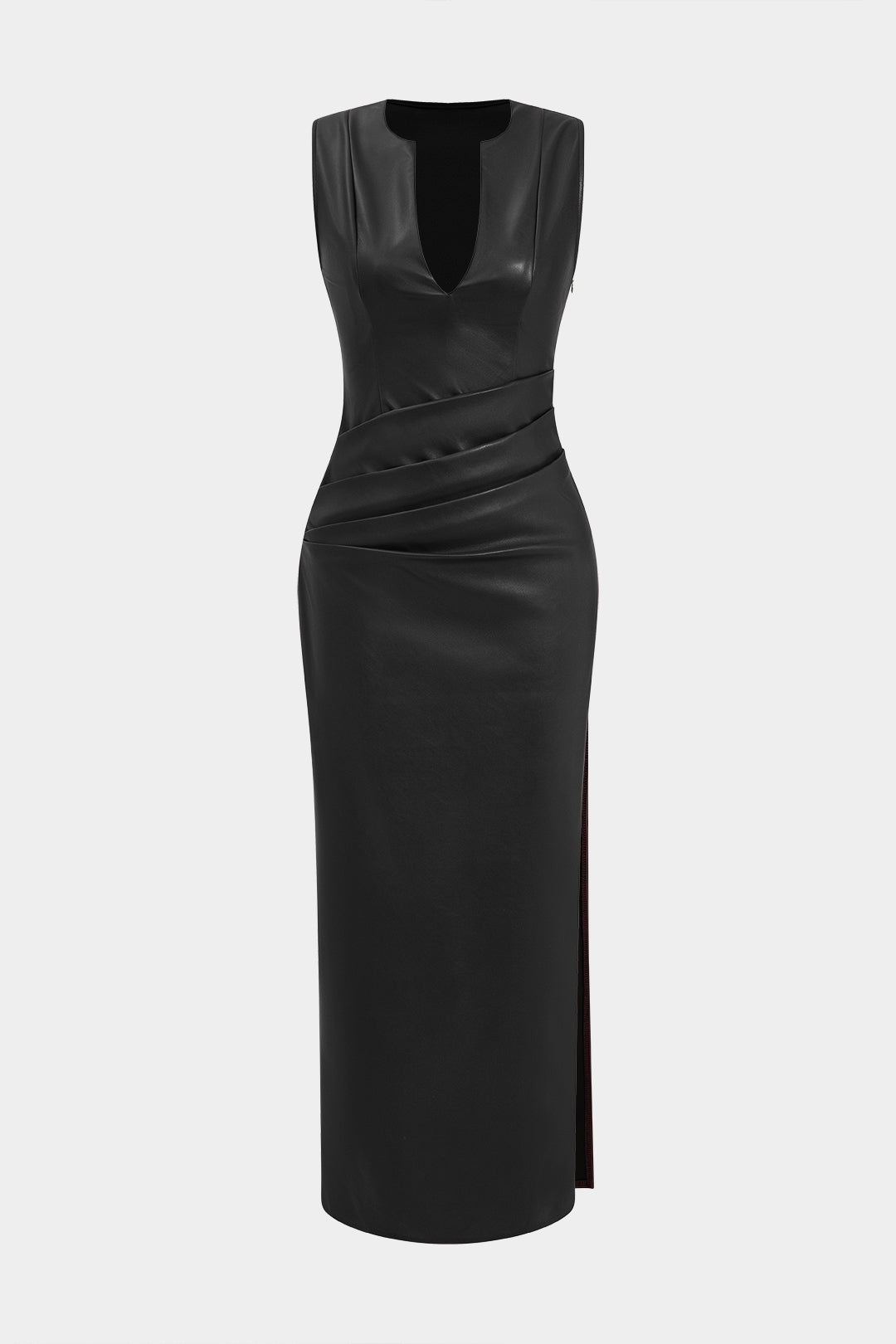 Leren-look maxijurk met V-hals en ruches