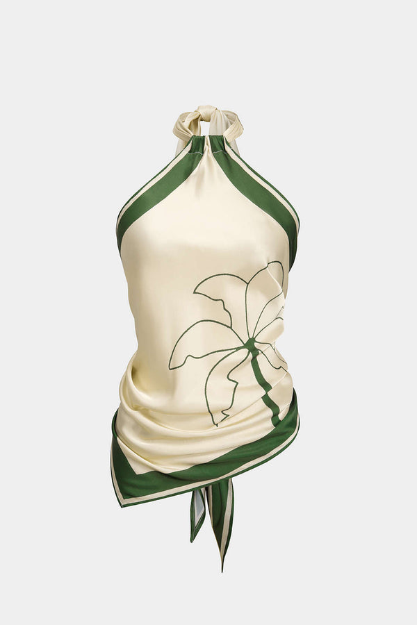 Bloemenprint satijnen tanktop met halternek en strik