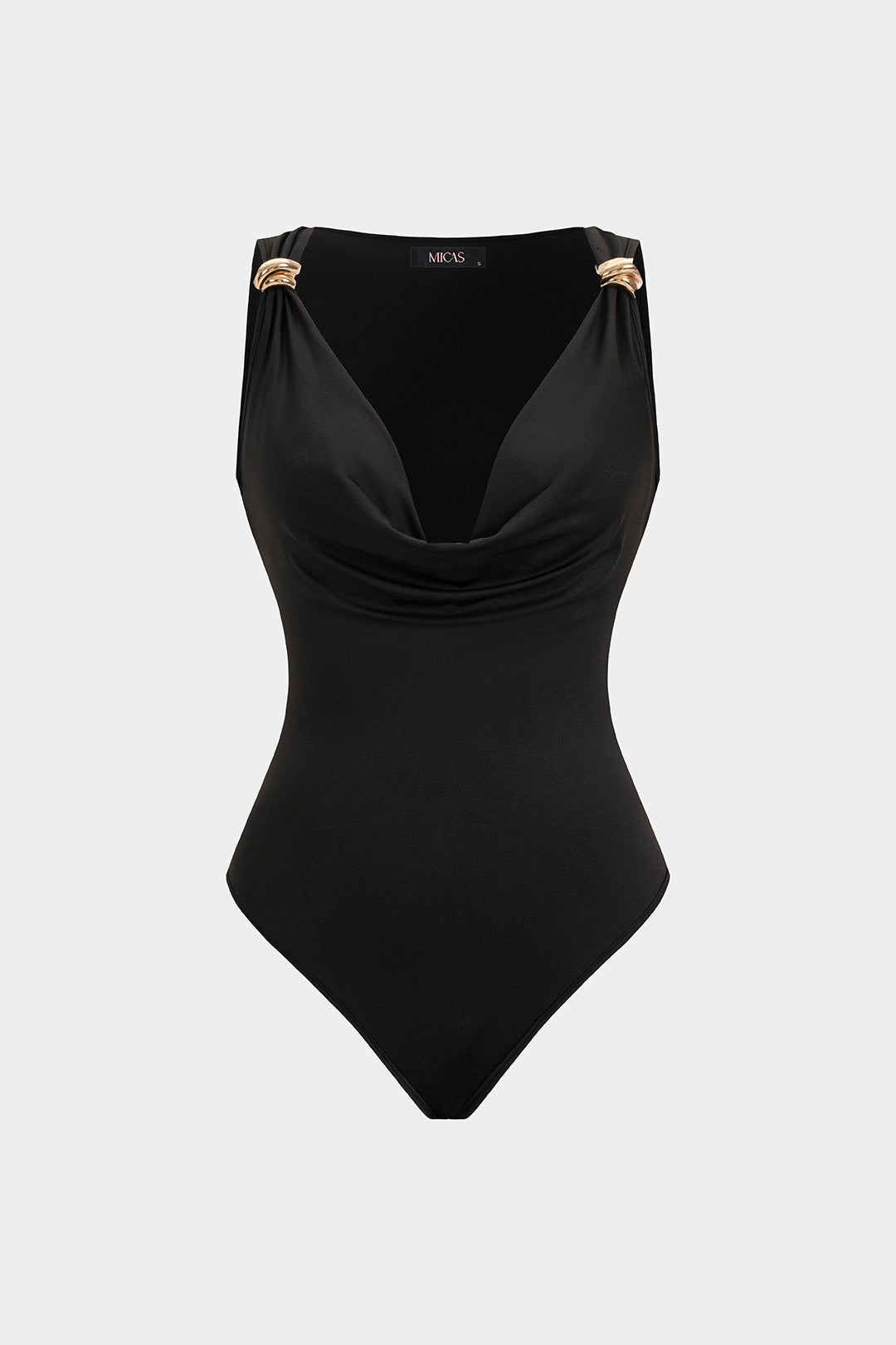 Hester - Metallic mouwloze body met drapering en watervalhals