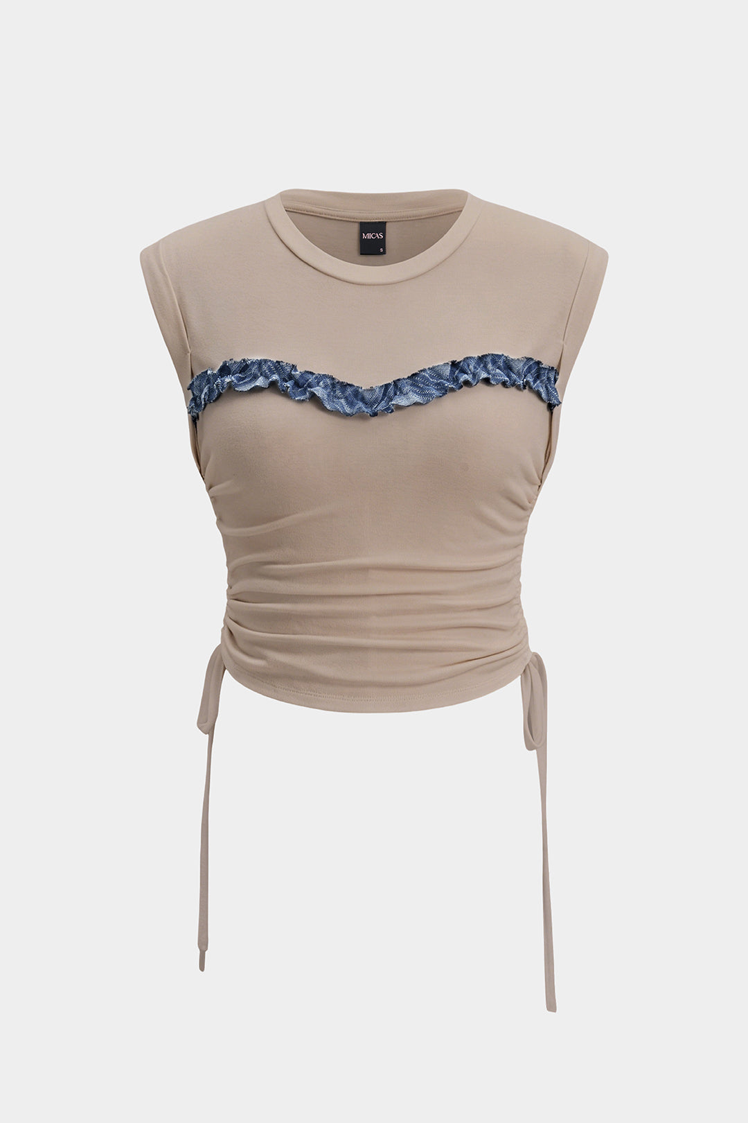 Patchwork T-shirt met ronde hals, strik en korte mouwen