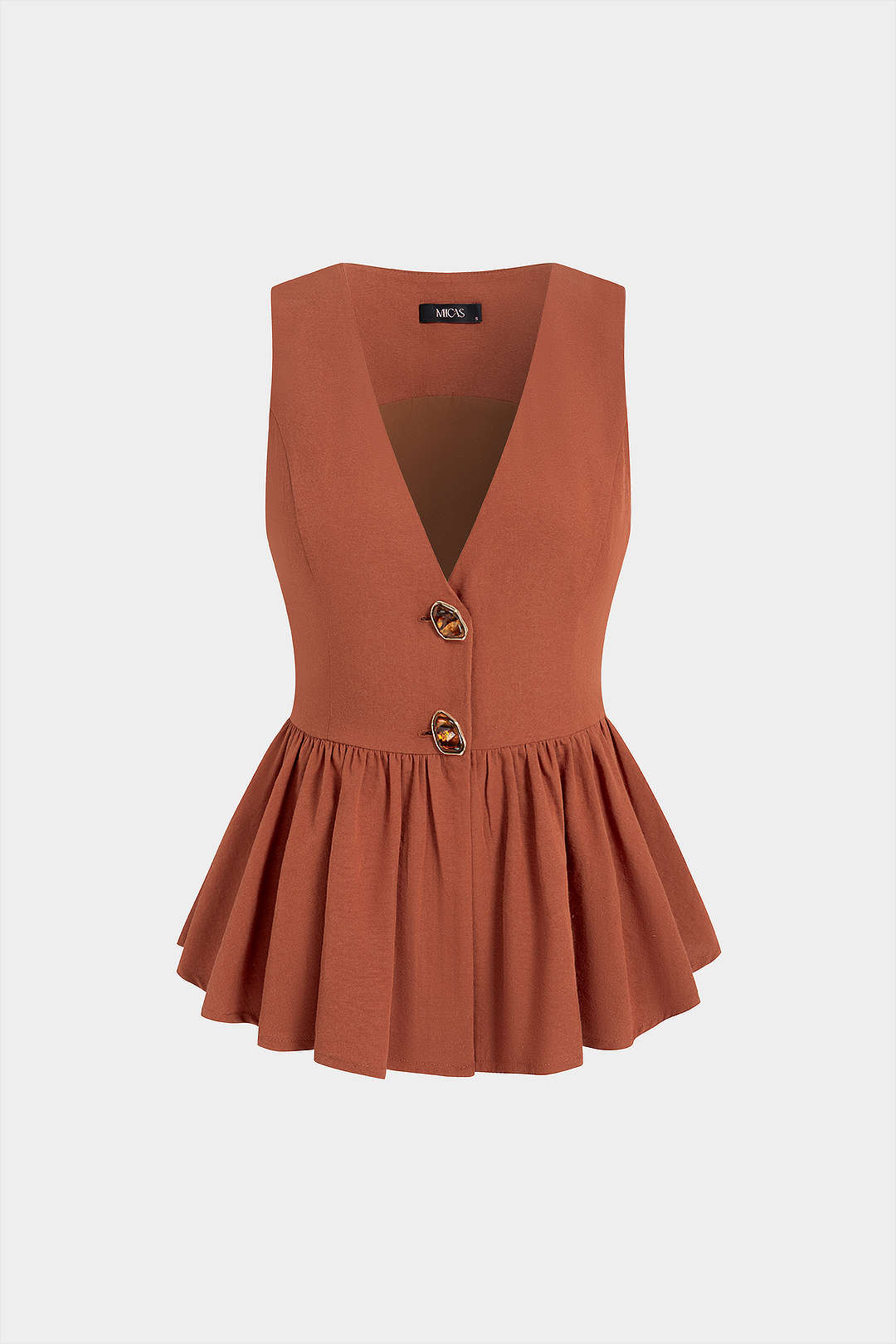 Saar - Tanktop met V-hals, knoopjes en ruches