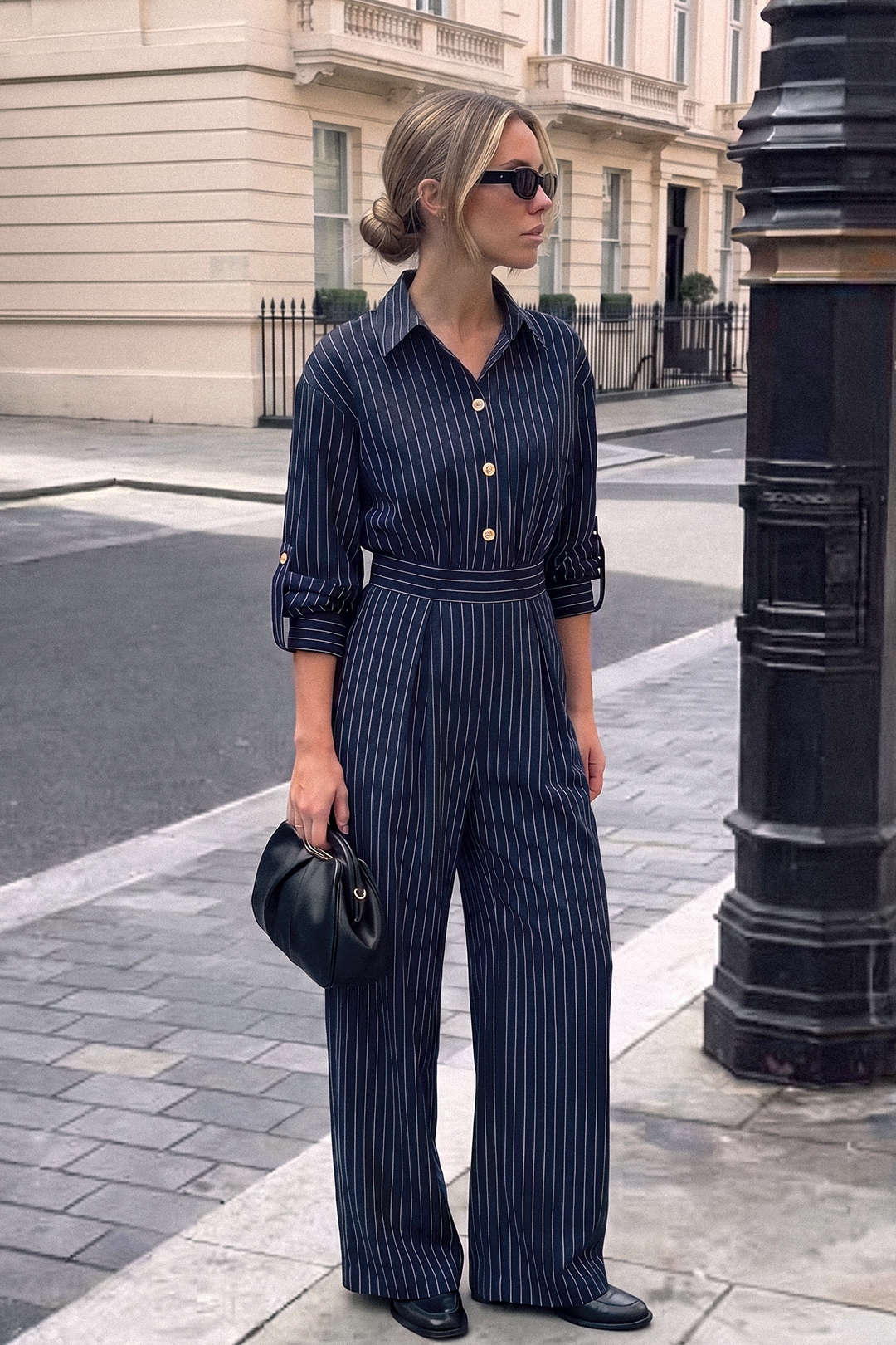 Patchwork metallic jumpsuit met knoopjes en lange mouwen