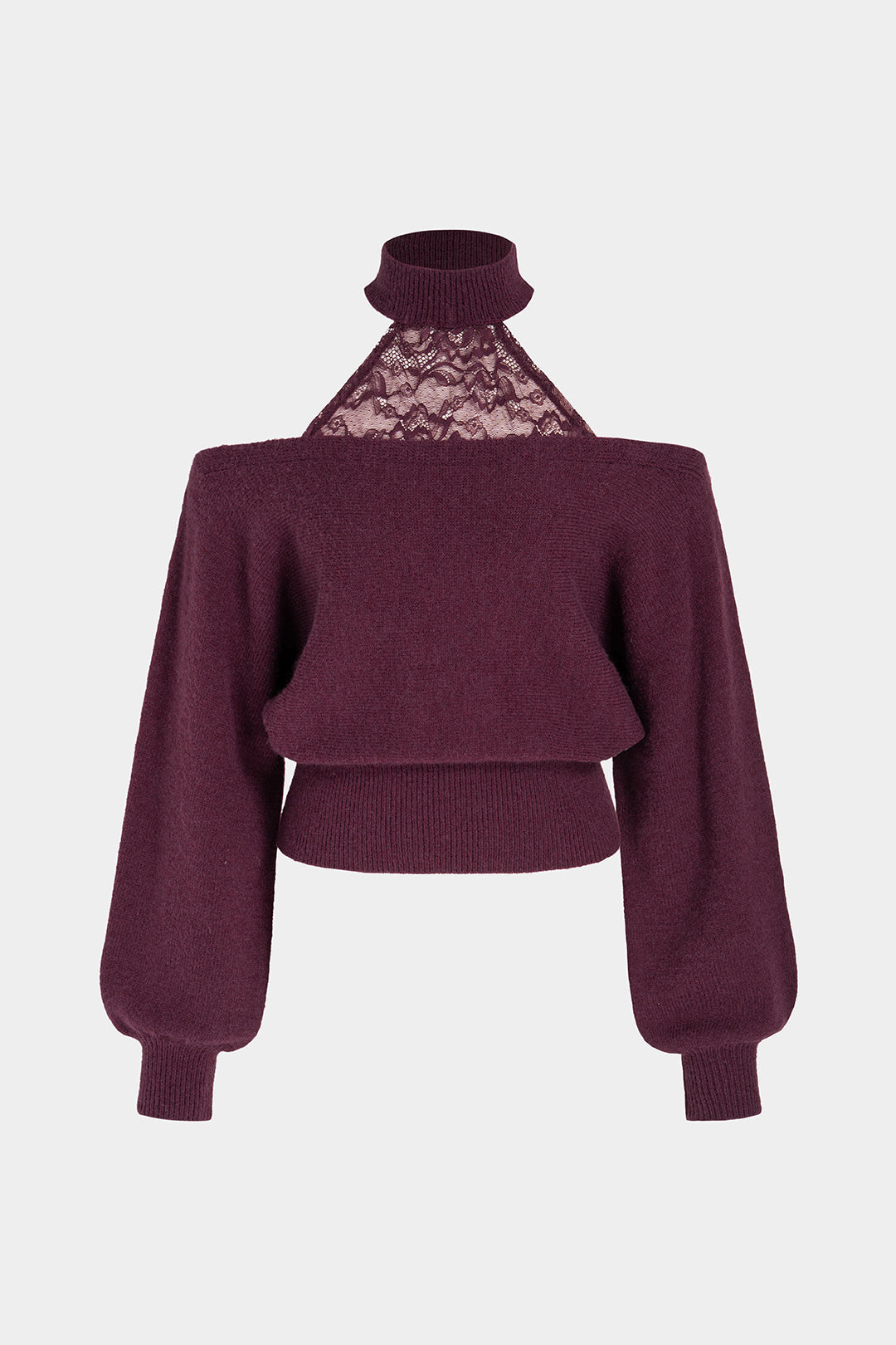 Gebreide patchwork top met kant, halternek en lange mouwen