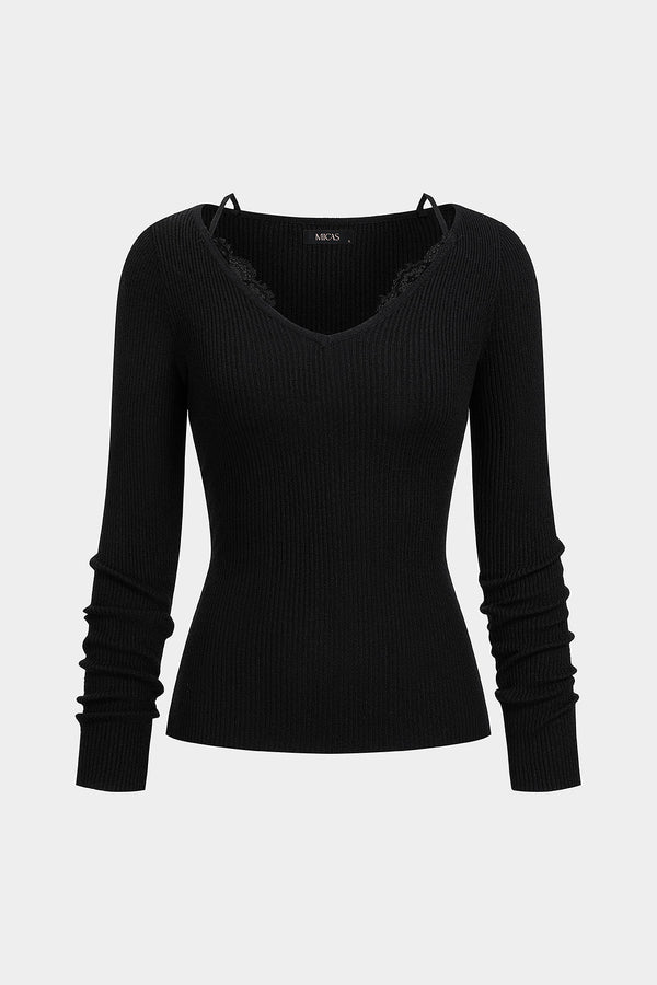 Mira - Gebreide patchwork top met kant, V-hals en lange mouwen