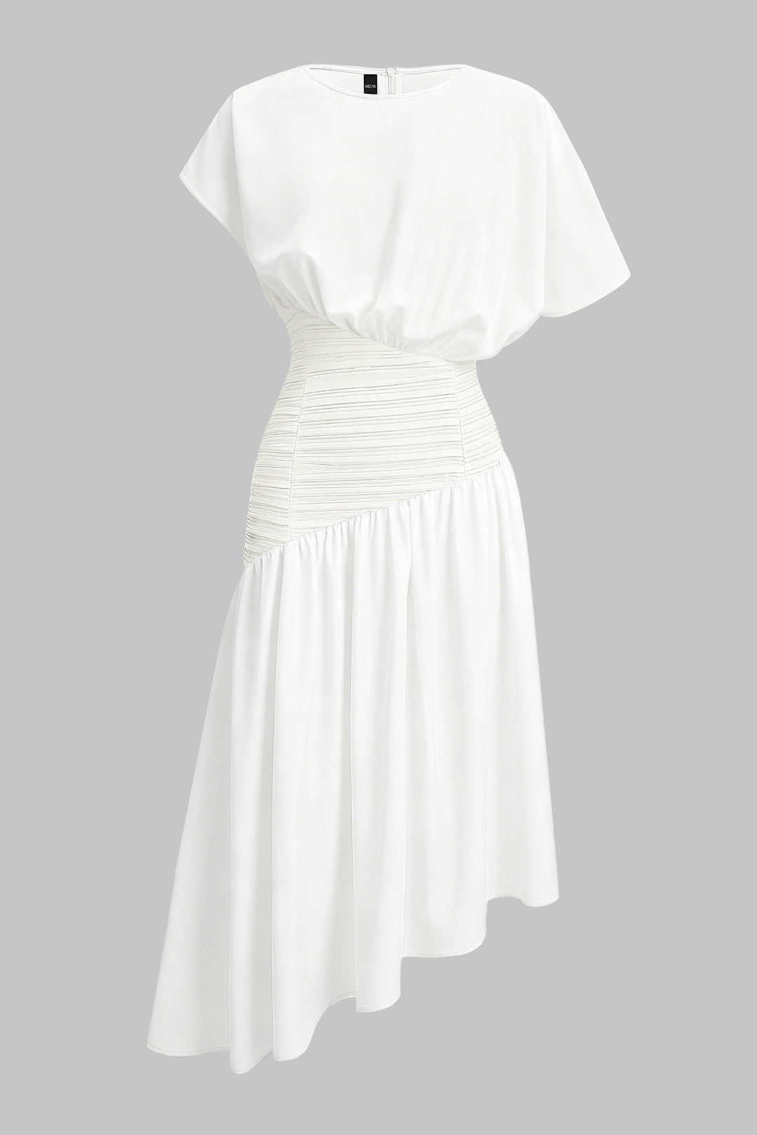 Asymmetrische midijurk met ronde hals en korte mouwen