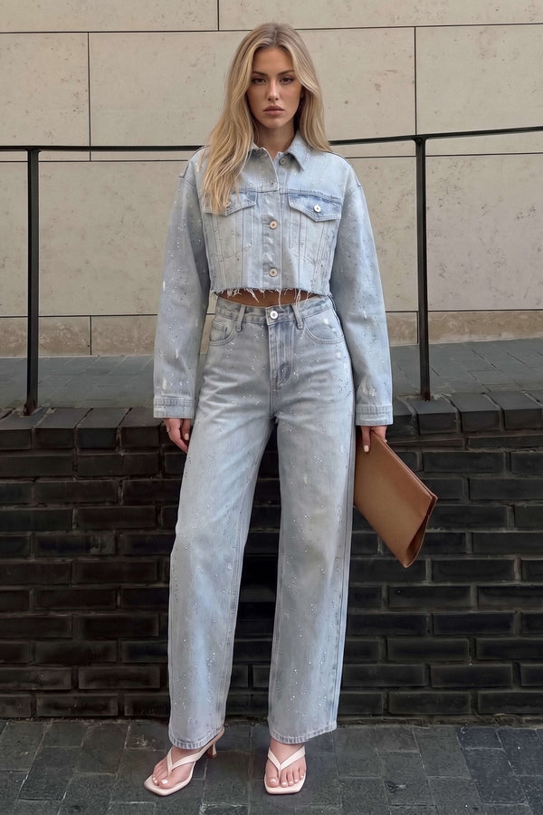 Denim jasje met strass en knoopjes