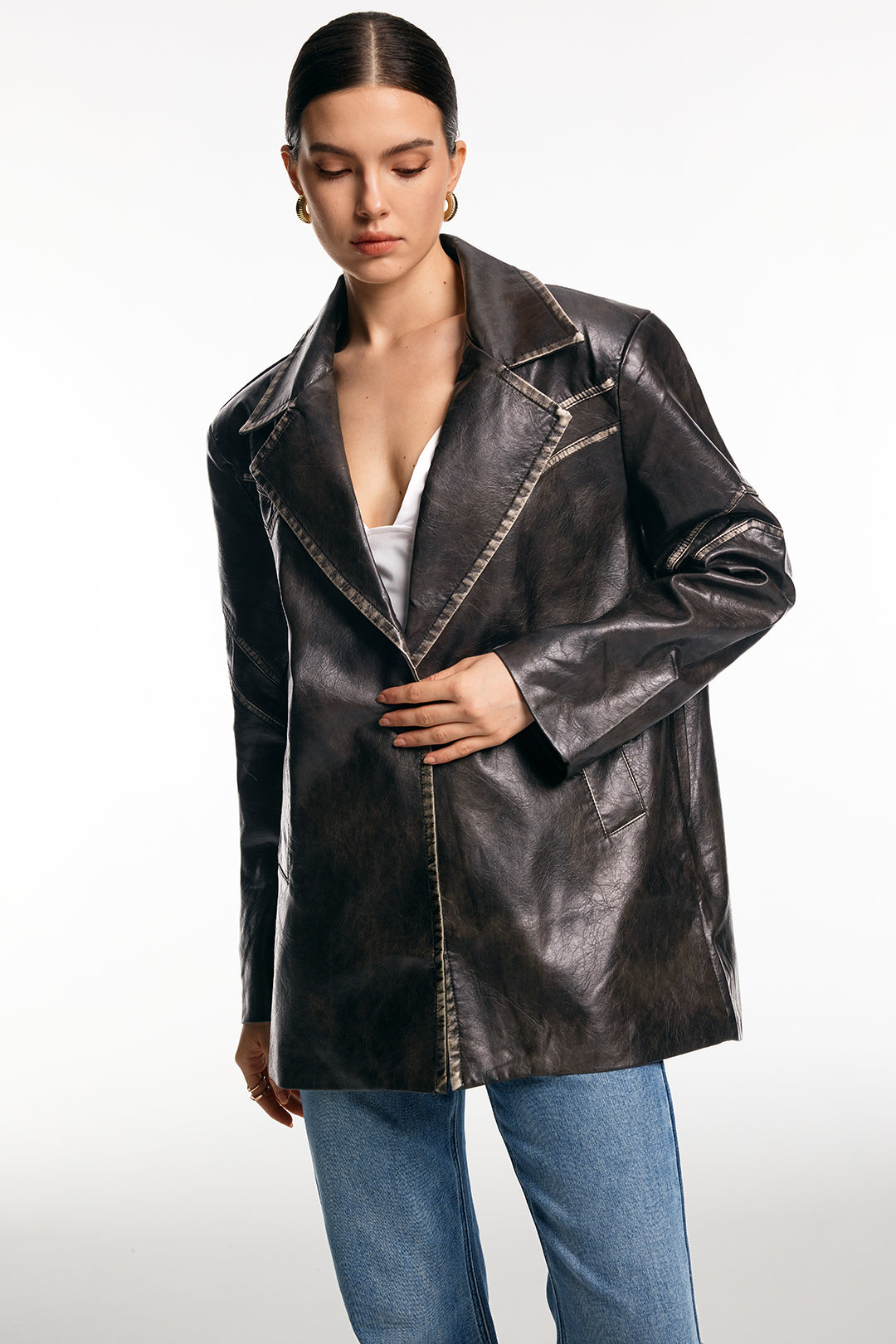 Leren-look verwassen blazer