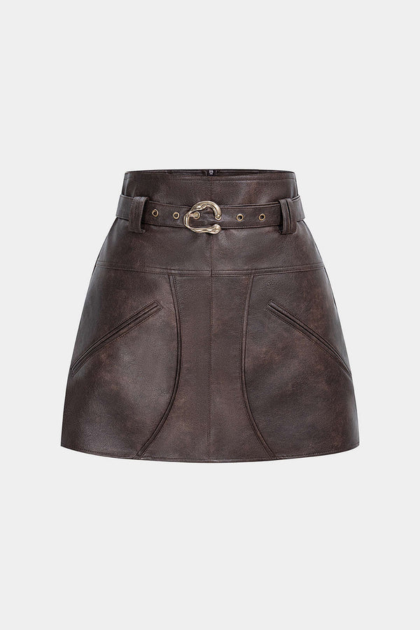 Leren-look rok met zakken en riem