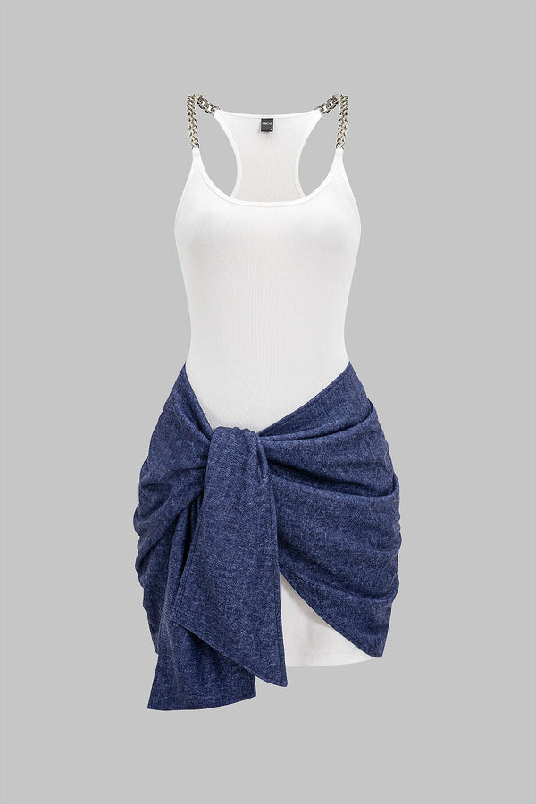 Metallic patchwork minijurk met ruches en kettingdetail