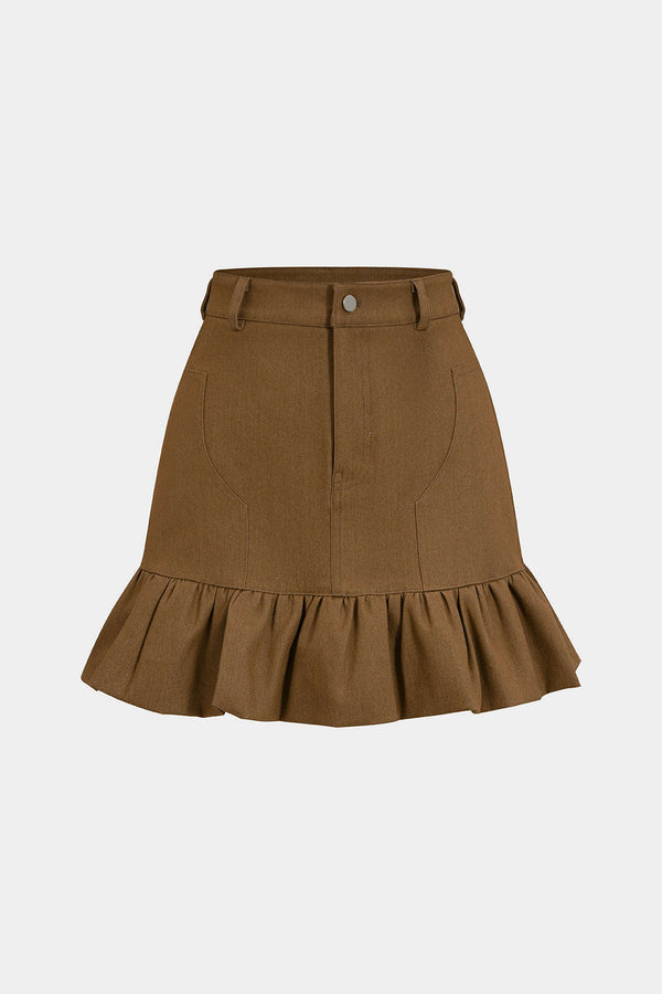 Denim rok met hoge taille en ruches