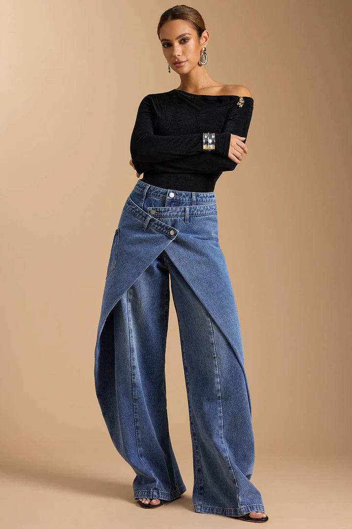 Denim Asymmetric Button Jeans