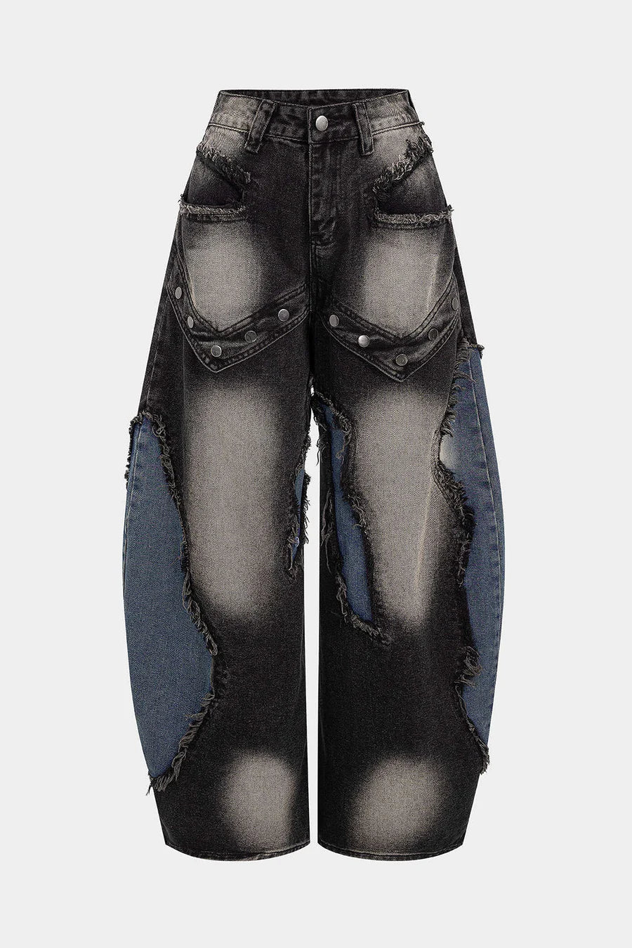 Patchwork Denim Jeans with Frayed Details and Straight Legs