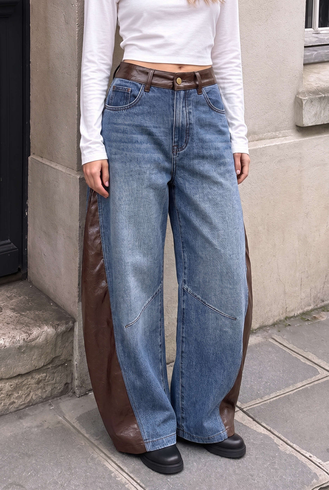 Denim patchwork broek met hoge taille
