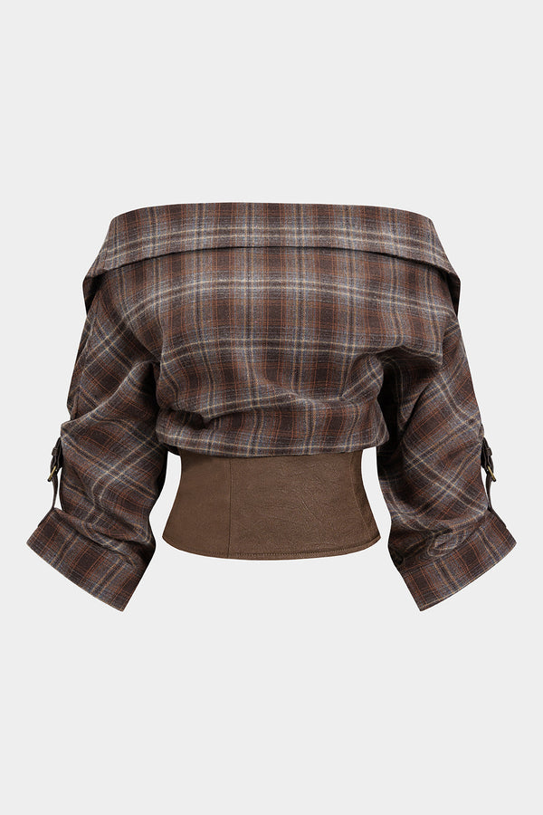 Geruite satijnen blouse met blote schouders en rits