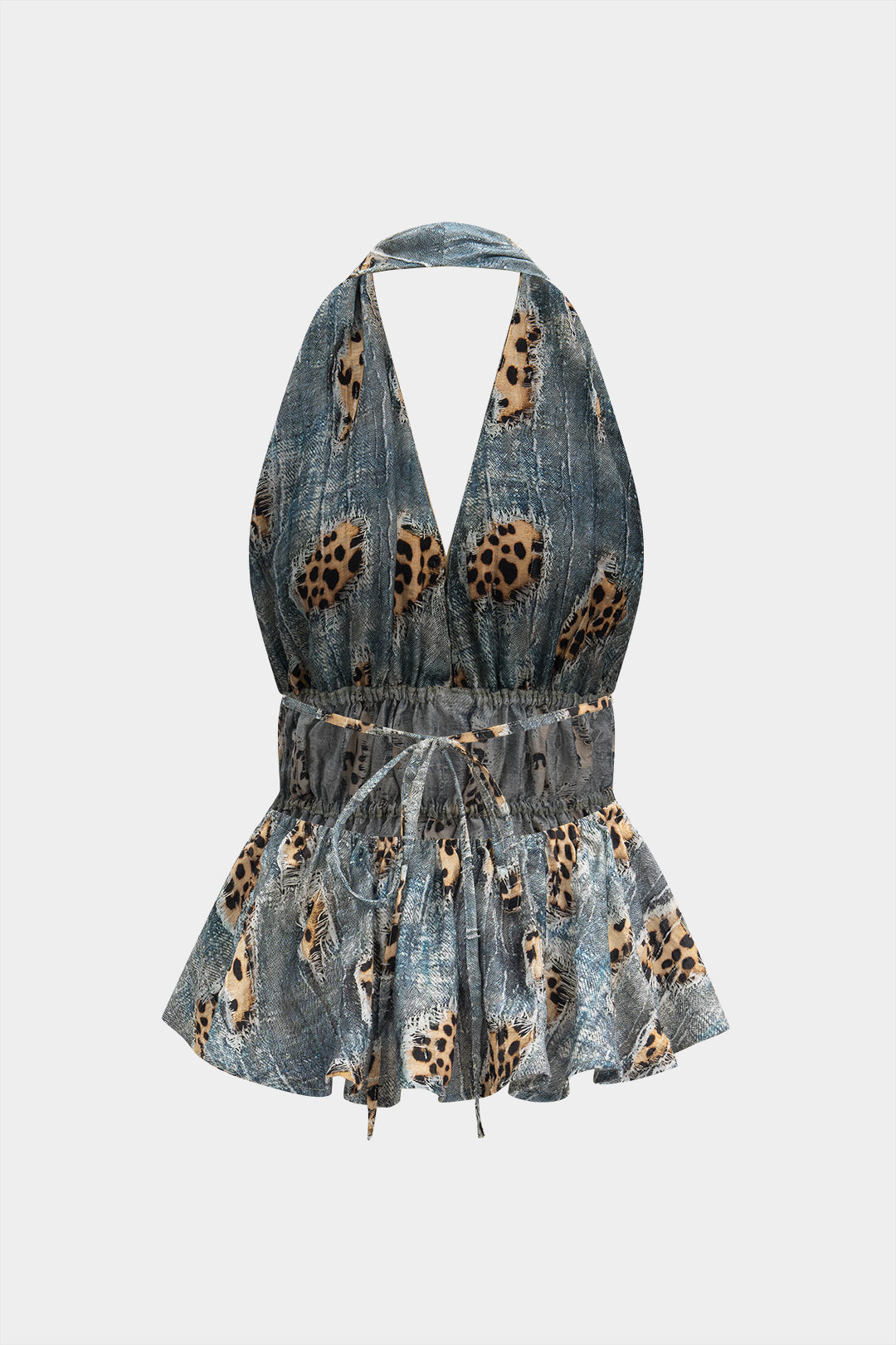 Luipaardprint top met open rug, strik en ruches