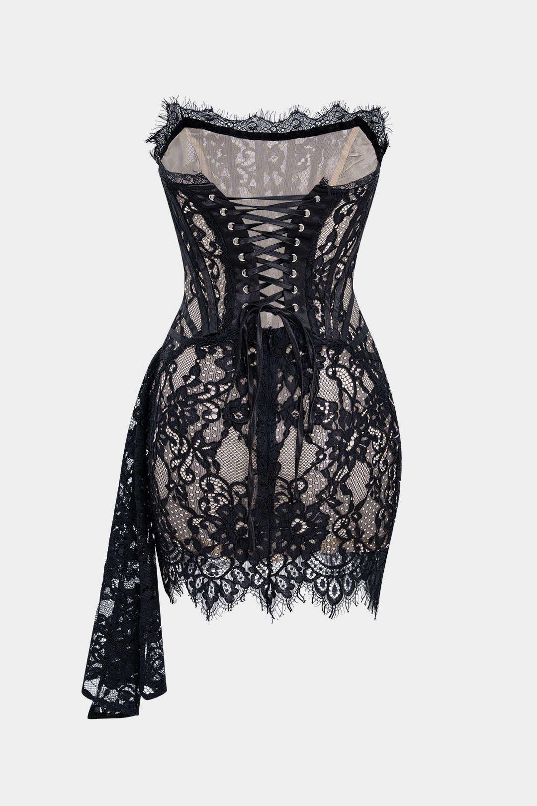 Mouwloze minijurk met kant en strapless pasvorm