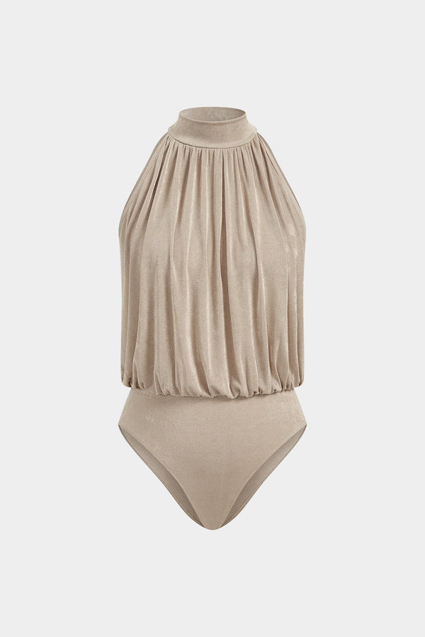 Mouwloze body met opstaande kraag en ruches