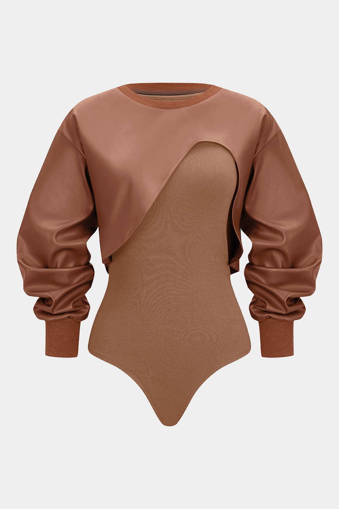 Hailey - Leren-look patchwork body met ronde hals en lange mouwen