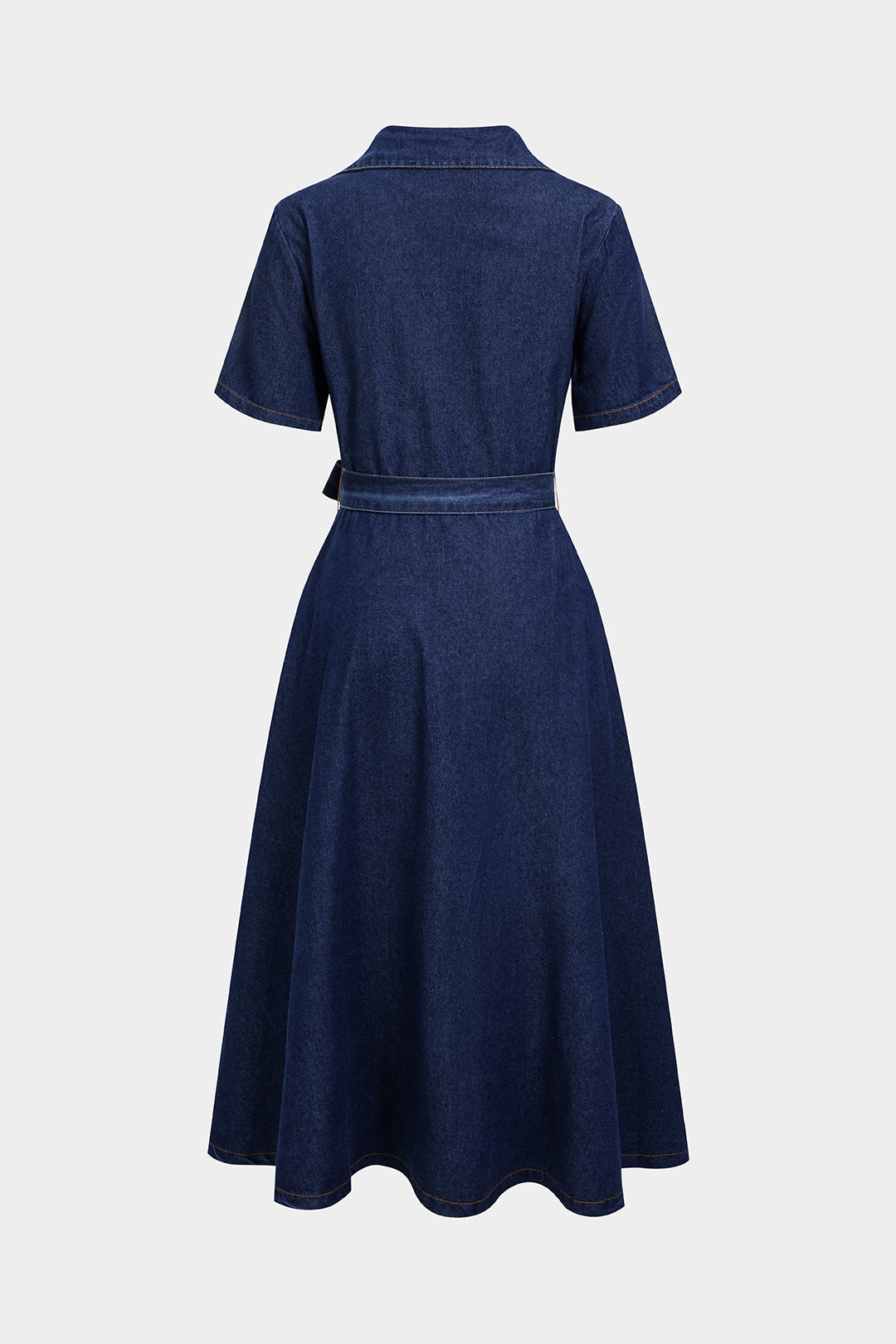 Denim maxijurk met V-hals, riem en korte mouwen