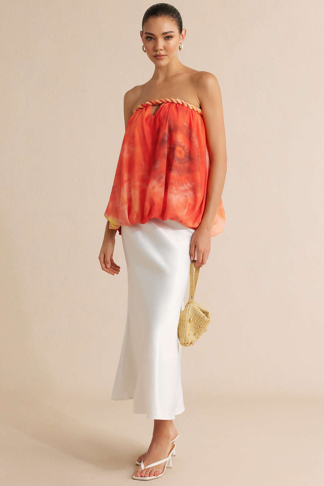 Tie-dye chiffon strapless top met uitsnijding