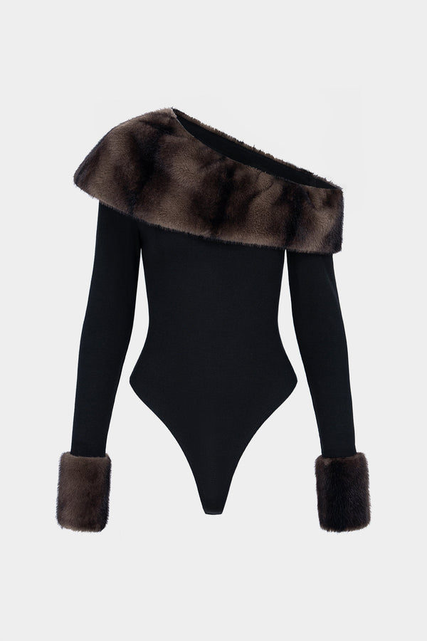 Patchwork imitatiebont body met één schouder en lange mouwen