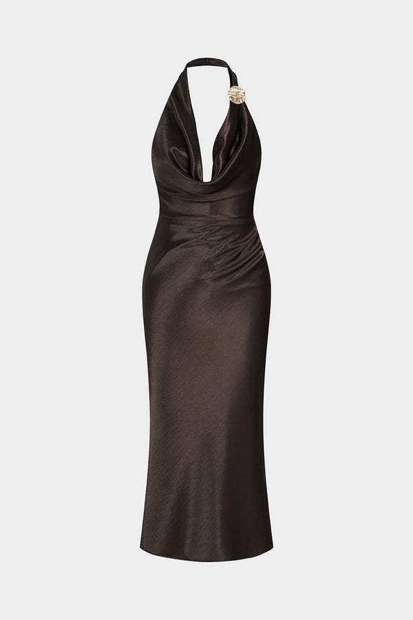 Satijnen metallic midijurk met halternek en drapering