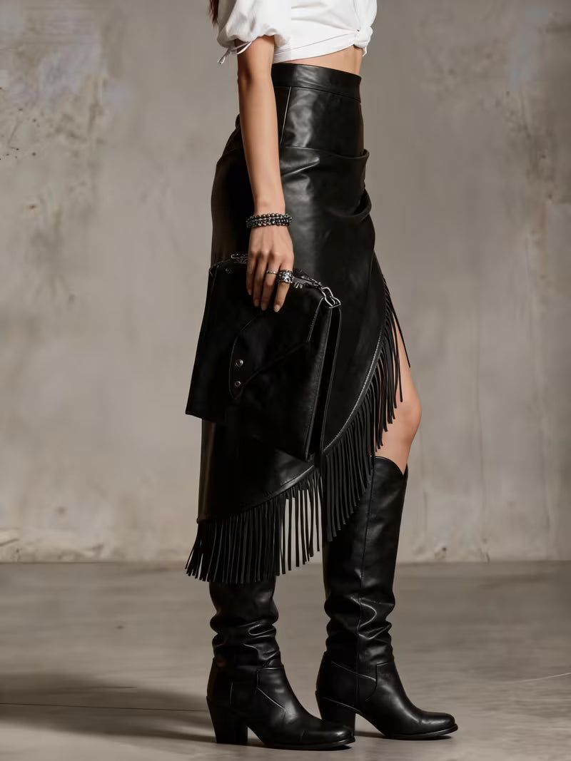 Vintage asymmetrical PU skirt with fringes