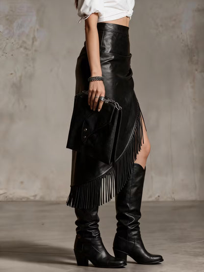 Vintage asymmetrische PU-rok met franjes