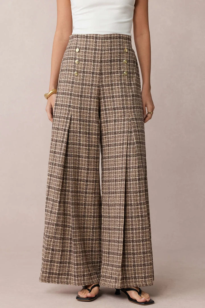 Checked, double-sided high-waisted trousers