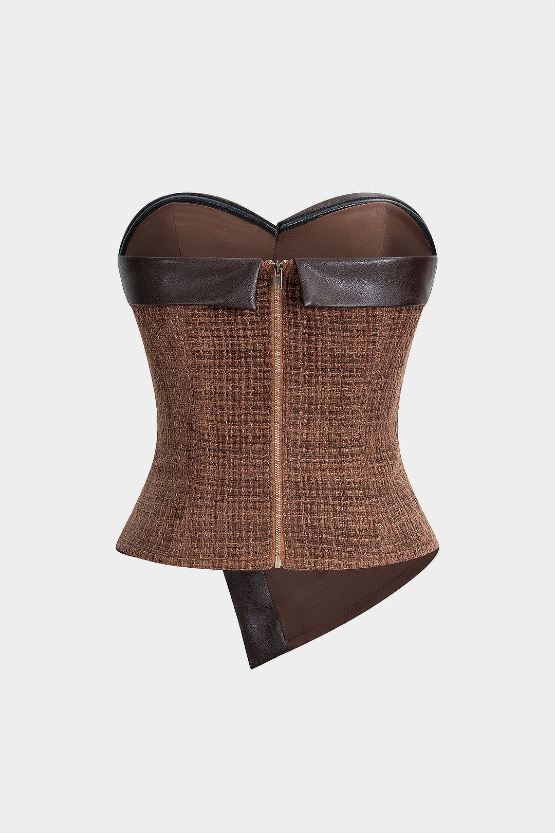 Leren-look patchwork strapless top met knoopjes en rits