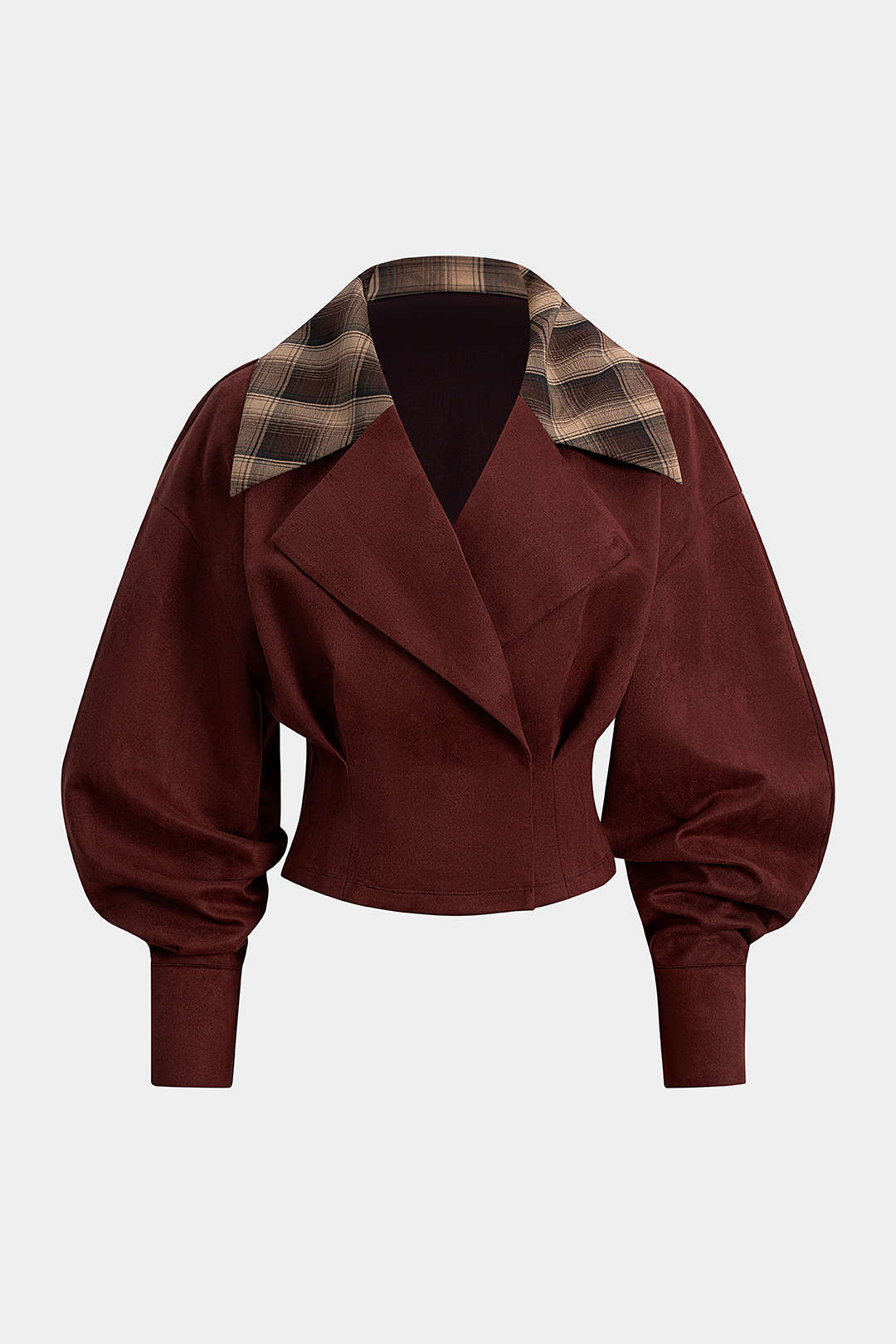 Suède patchwork top met reverskraag en lange mouwen