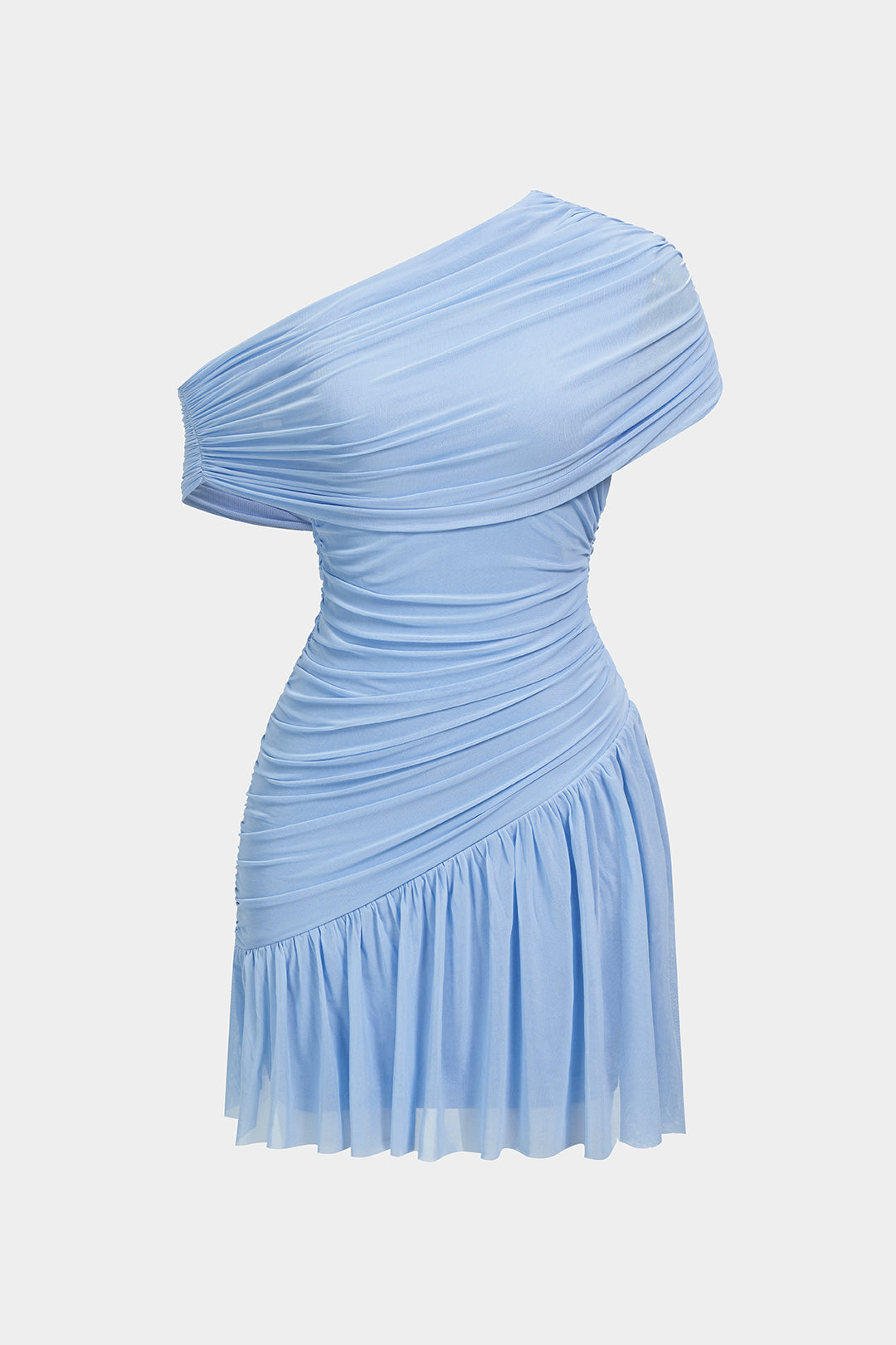 Mesh asymmetrische minijurk met één schouder en ruches