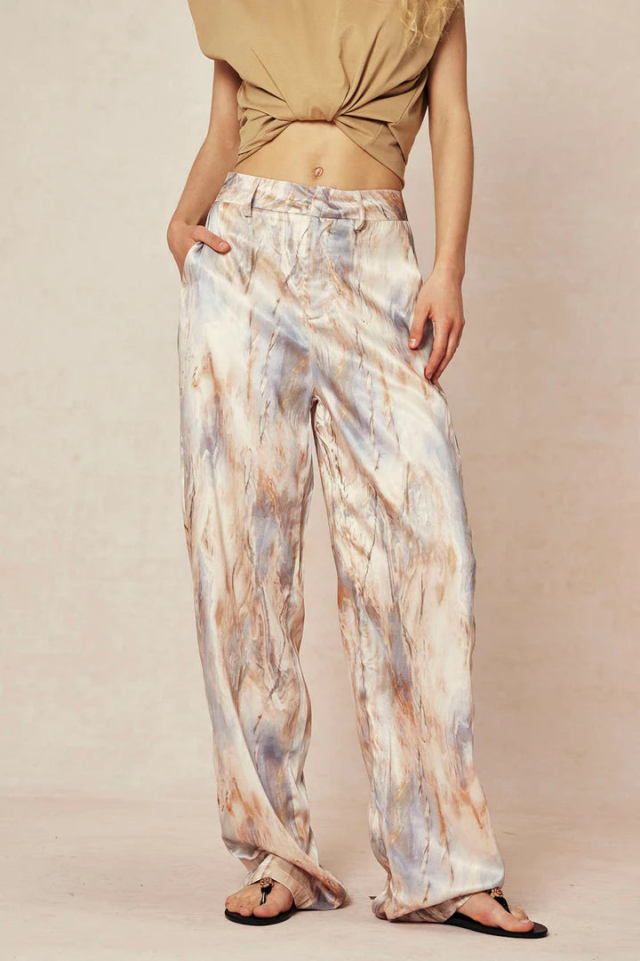 Trousers with marble print, high waist, long and straight legs