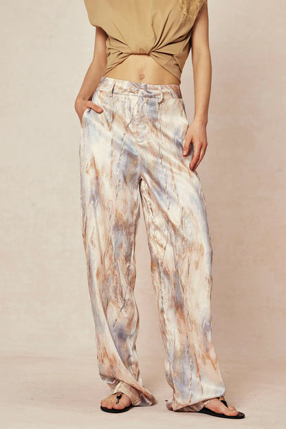 Trousers with marble print, high waist, long and straight legs