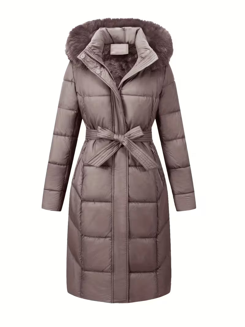 Midi Puffer Jacket with Hood and Belt - Long