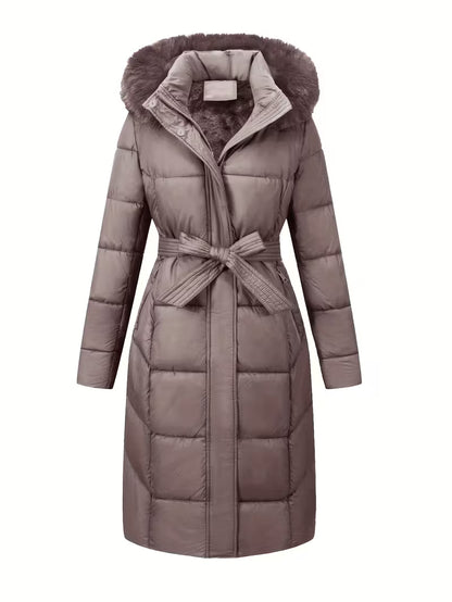 Midi Puffer Jacket with Hood and Belt - Long