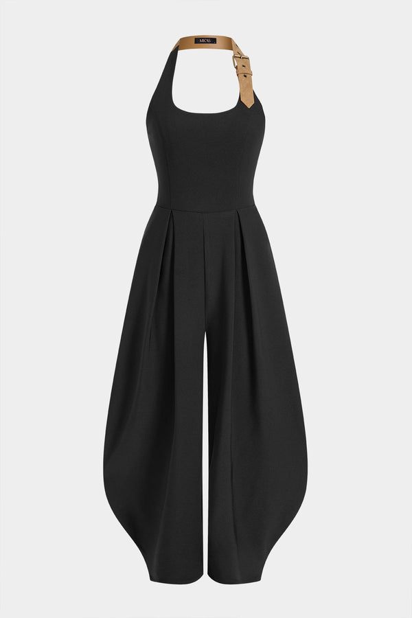 Patchwork leren-look jumpsuit met halternek en ballonmodel