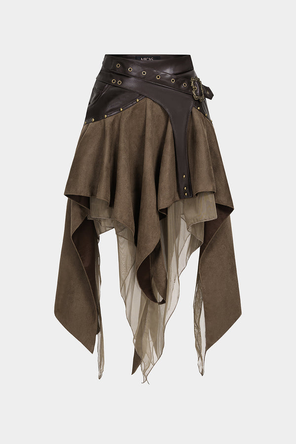 Sofie - Leren-look patchwork rok met ruches