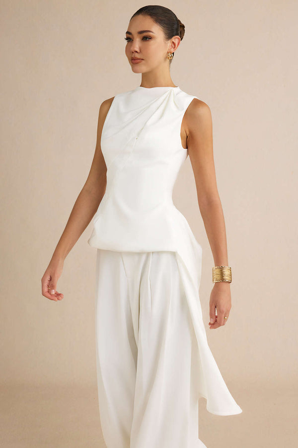 Effen asymmetrische tanktop met ronde hals en ruches