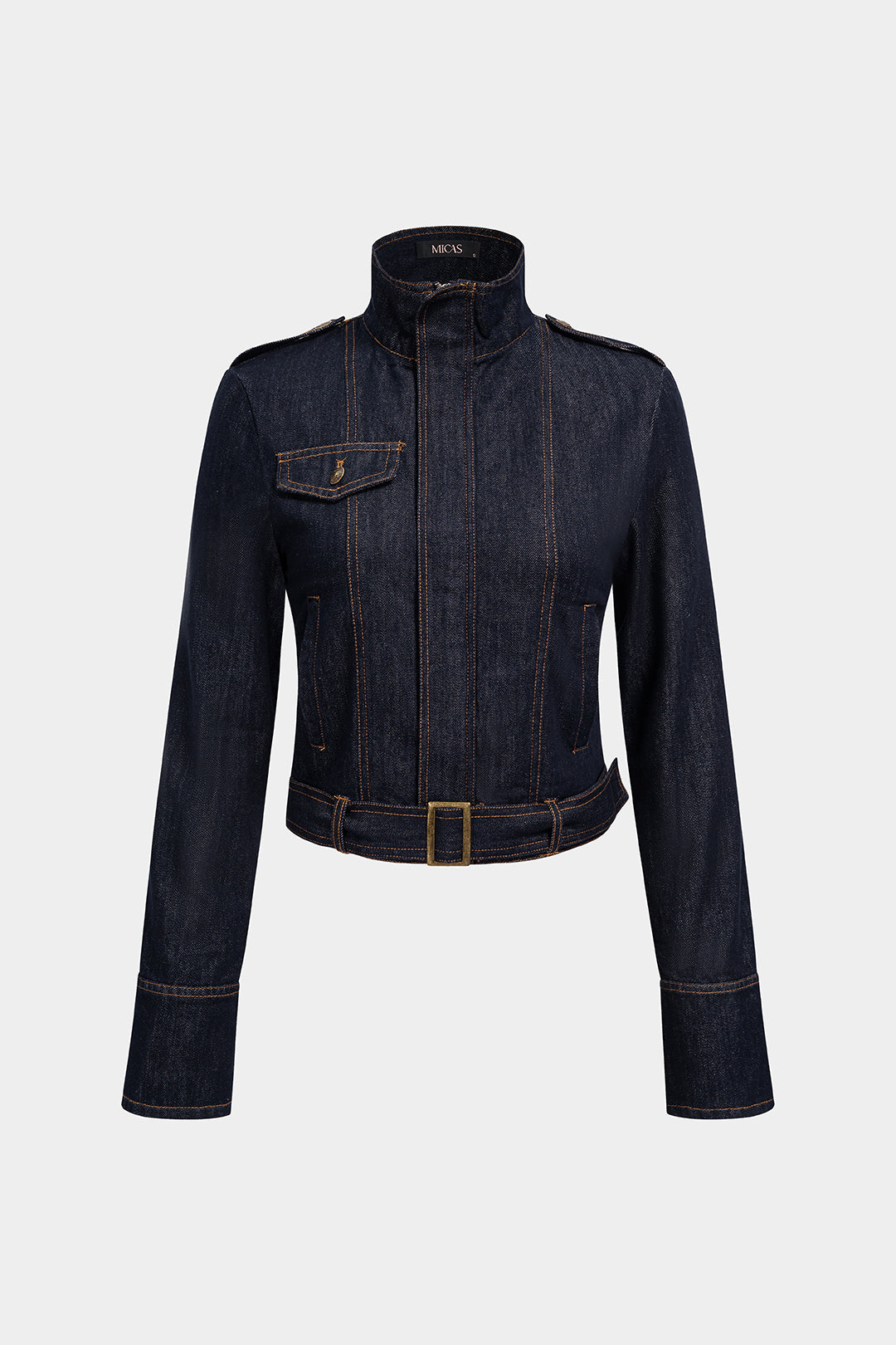 Denim jasje met opstaande kraag en riem