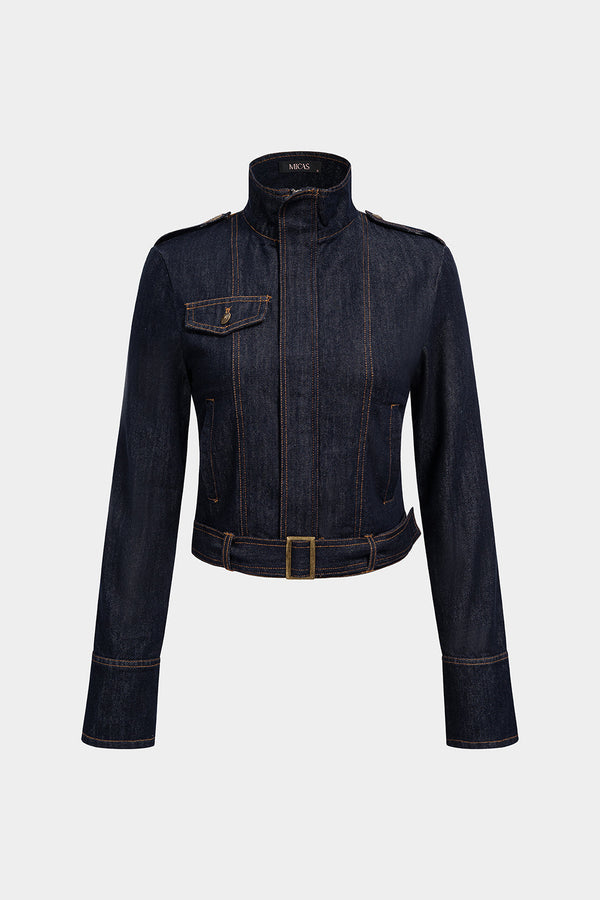 Denim jasje met opstaande kraag en riem