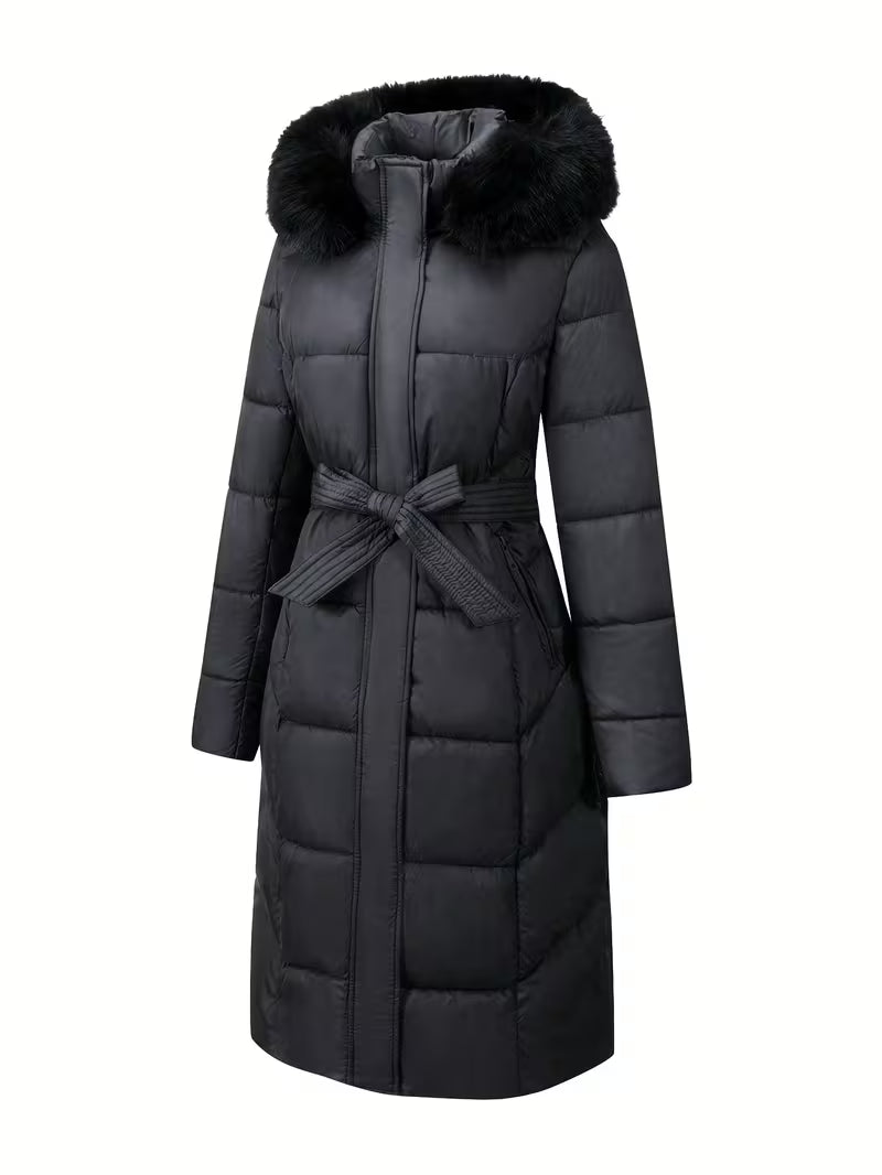 Midi Puffer Jacket with Hood and Belt - Long