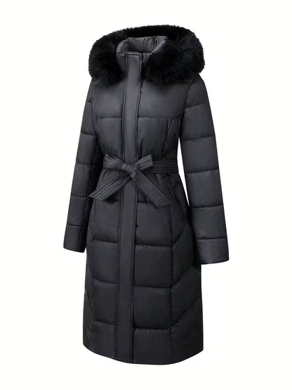 Midi Puffer Jacket with Hood and Belt - Long
