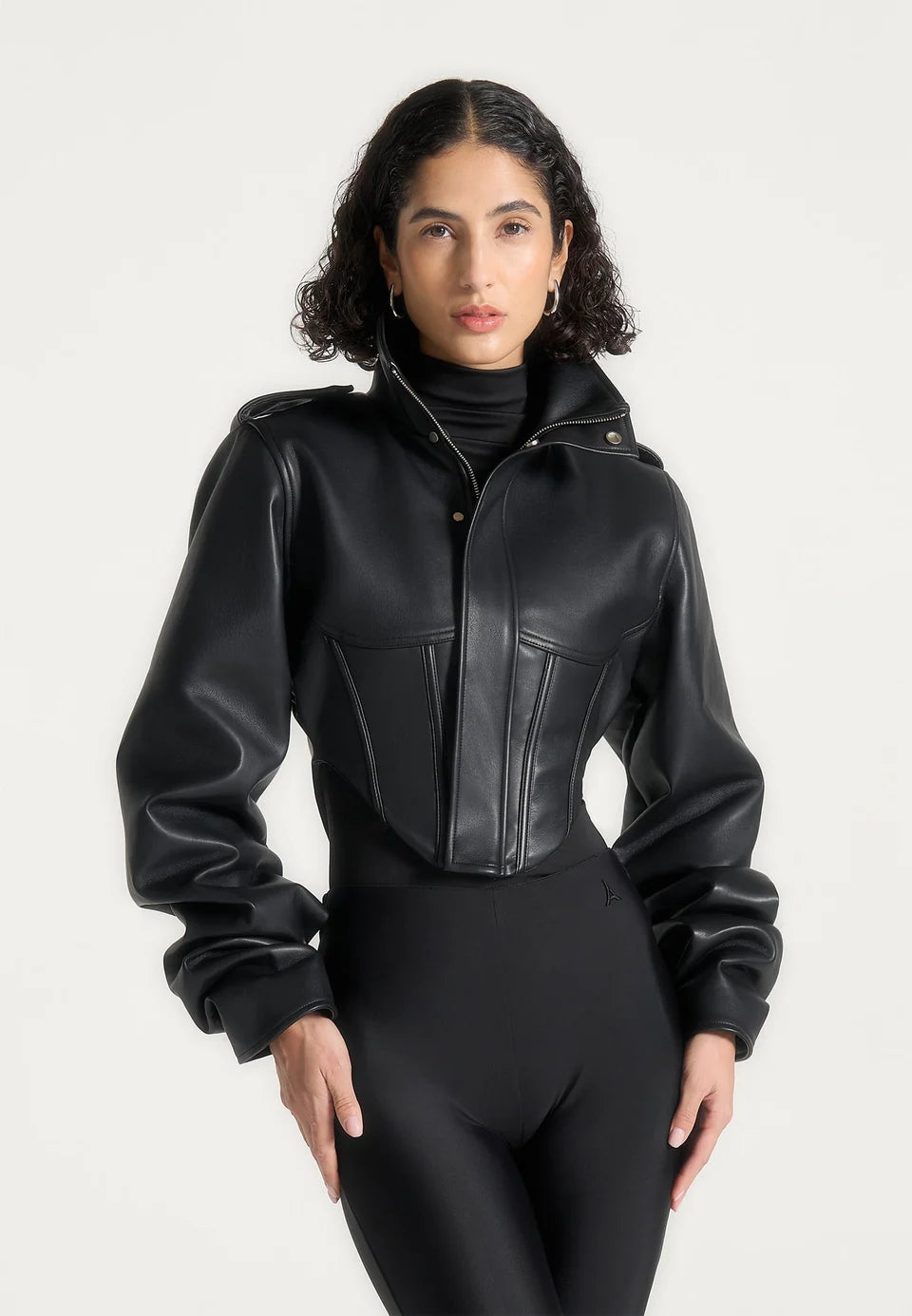 Vintage leather corset jacket with piped sleeves