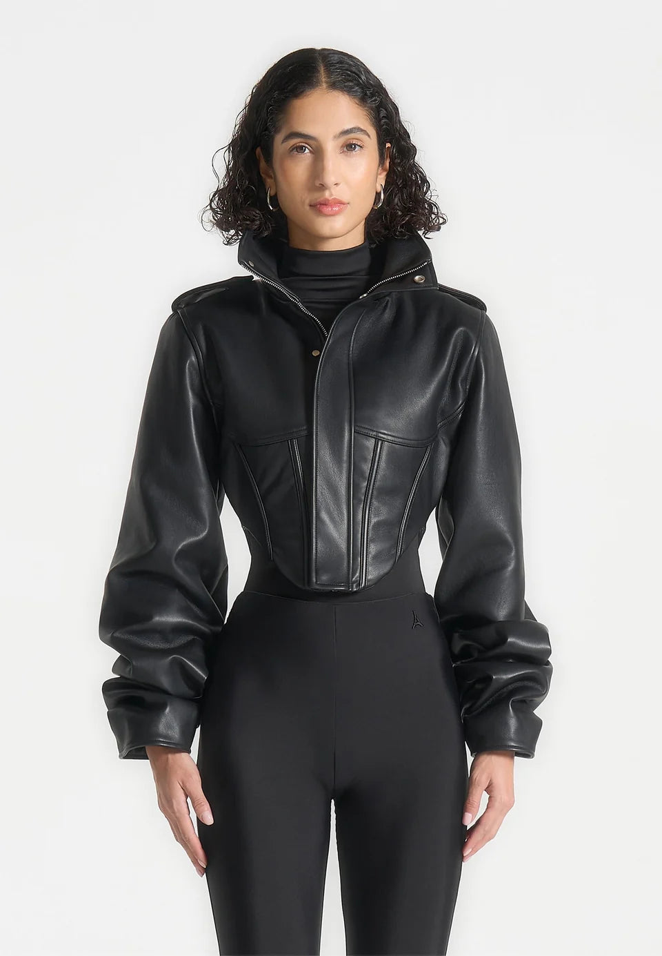 Vintage leather corset jacket with piped sleeves