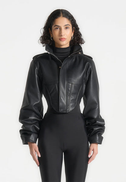 Vintage leather corset jacket with piped sleeves