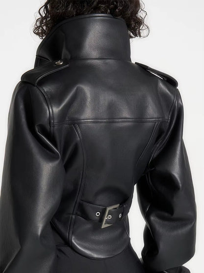 Vintage leather corset jacket with piped sleeves