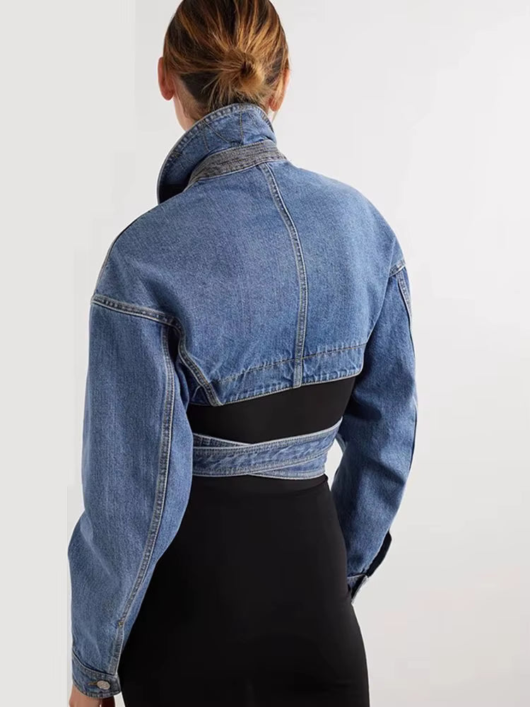 Denim Cropped Blazer with Lace Waist
