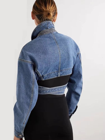 Denim Cropped Blazer with Lace Waist