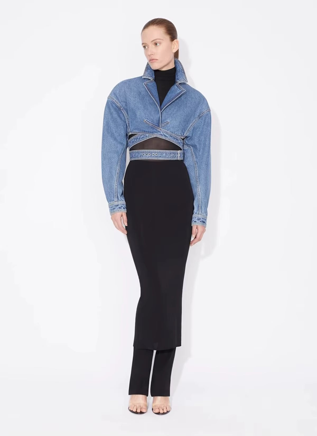 Denim Cropped Blazer with Lace Waist